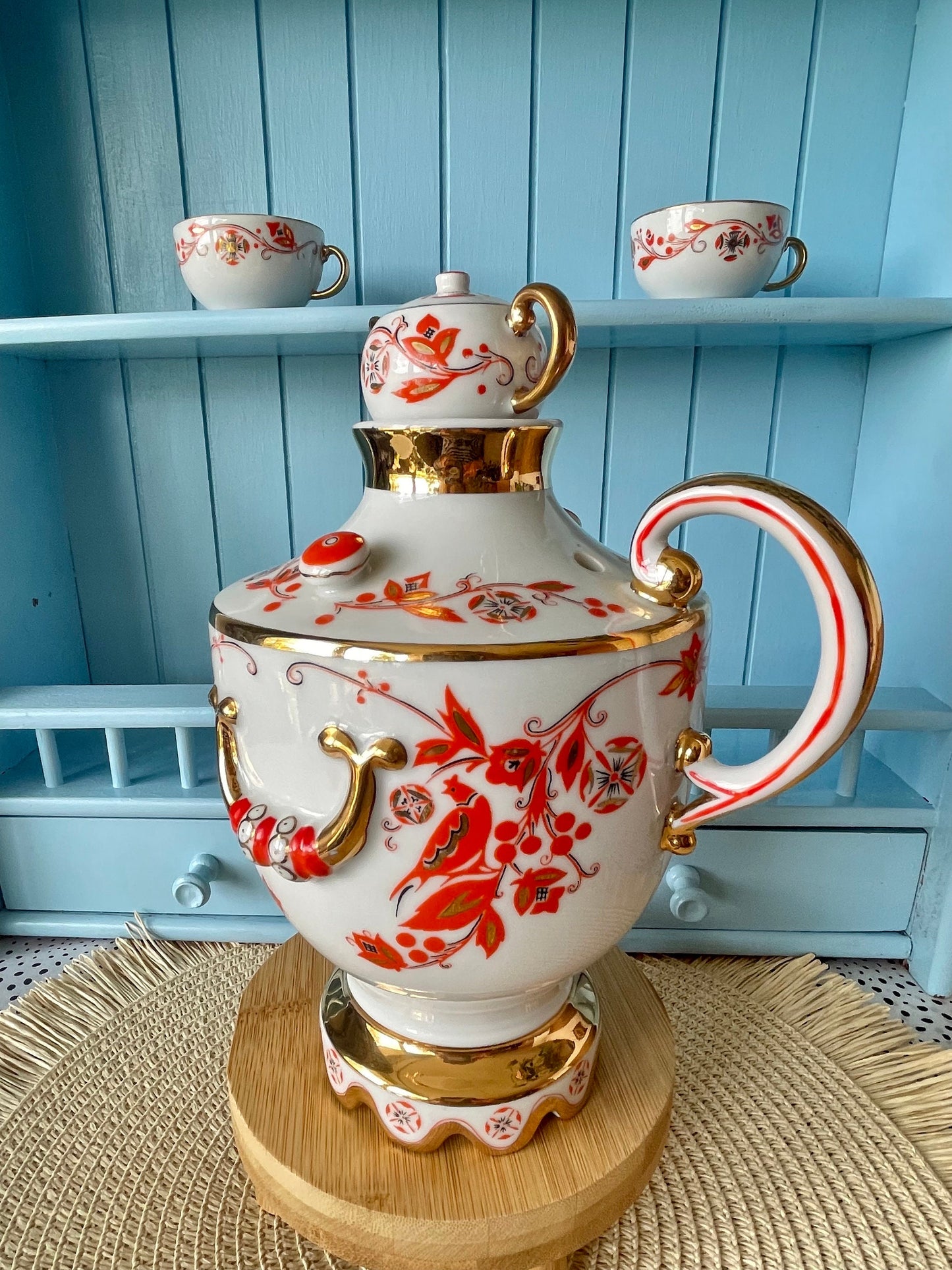 Rare Find, Vintage "Lomonosov" Samovar, Made in USSR, Orange and 22 Karat Golden Decanter, Previously Loved, Collectors Item, With Two Cups