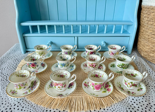 Mini Vintage TeaSet of 12 'Royal Albert' Flower Of The Month Miniature Sized Cup & Saucer, Bone China, Perfect Gift, Set of 12, England