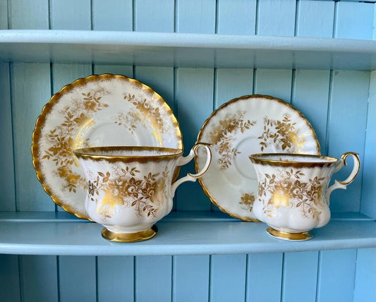 Set of Two Vintage Royal Albert "Antoinette" Teacup & Coffee Set,  Bone China , Previously Loved, Golden Roses Decor, Made in Engeland