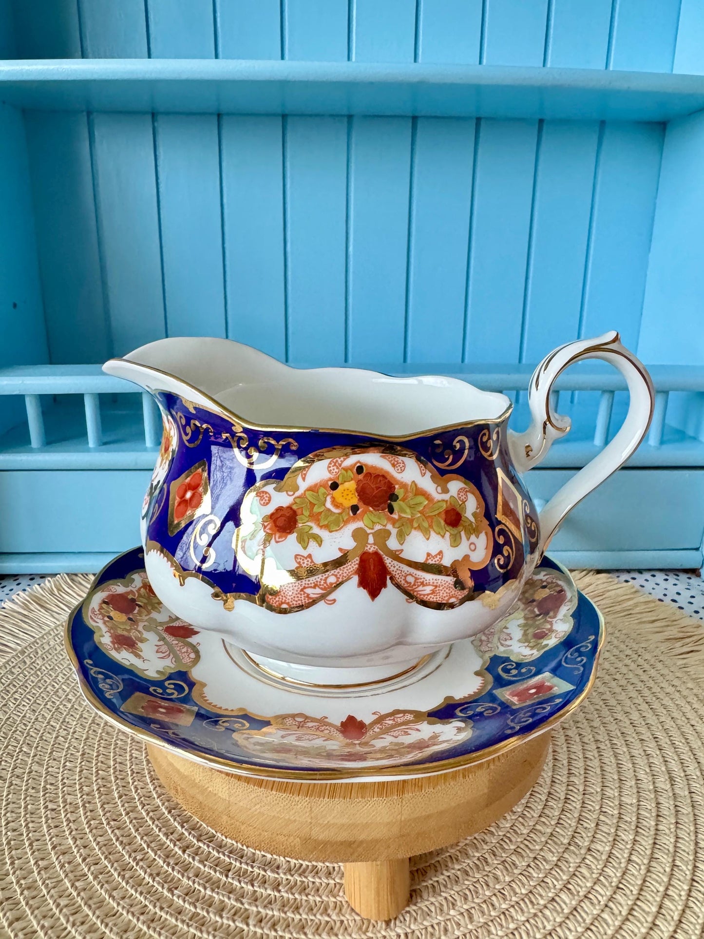 Rare Vintage Royal Albert "Heirloom"  Large Gravy Boat with Under plate, Bone China, Previously Loved, Cobalt Blue  Pattern, Made in England