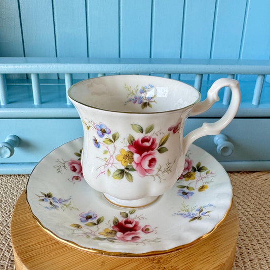 Vintage Royal Albert Tenderness Demitasse Cup & Saucer, Coffee Cup, Bone China, Small Pink Roses Decor, Previously loved, Made in England