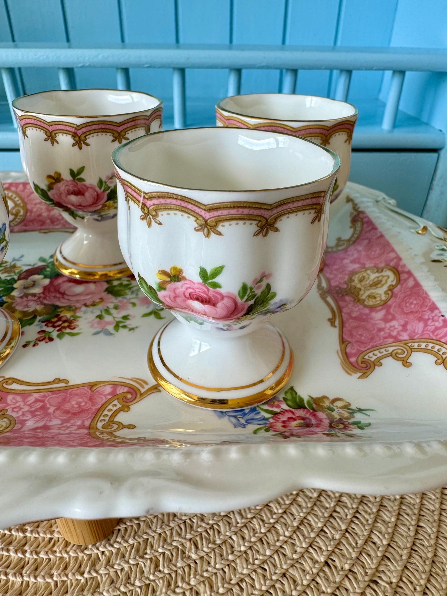 Hard to Find Vintage Royal Albert "Lady Carlyle" Set of 6 Egg Cups with Sandwich Plate, Bone China, Previously Loved, Pink Roses, England