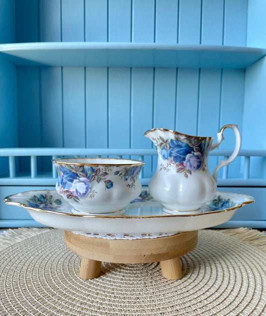 Vintage Royal Albert "Moonlight Rose" Fine Bone China 3 Piece Creamer Set with Platter, Hard to Find Perfect State, Blue Rose Decor, England