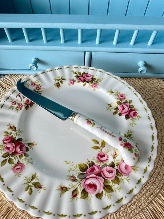 Very Rare,Vintage Royal Albert "Flower of the Month" November Cheese Knife, Bone China,  Porcelain Handle, Pink Chrysanthemum Decor, England