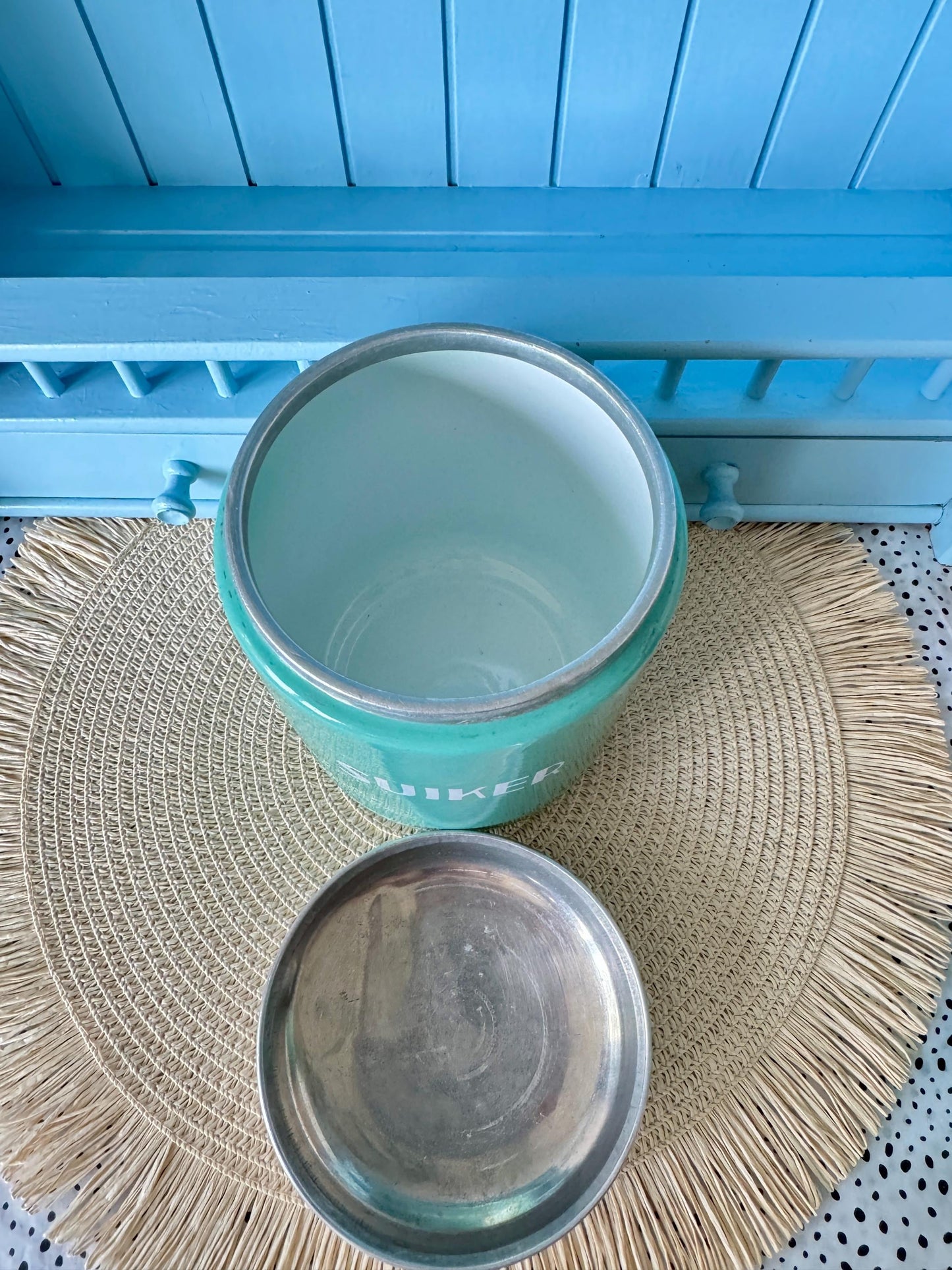 Rare Vintage Hard to Find and Very Collectible Dutch Enamel Canisters Set – Koffie Suiker Thee – 1960s Retro Storage Jars, Turquoise Blue