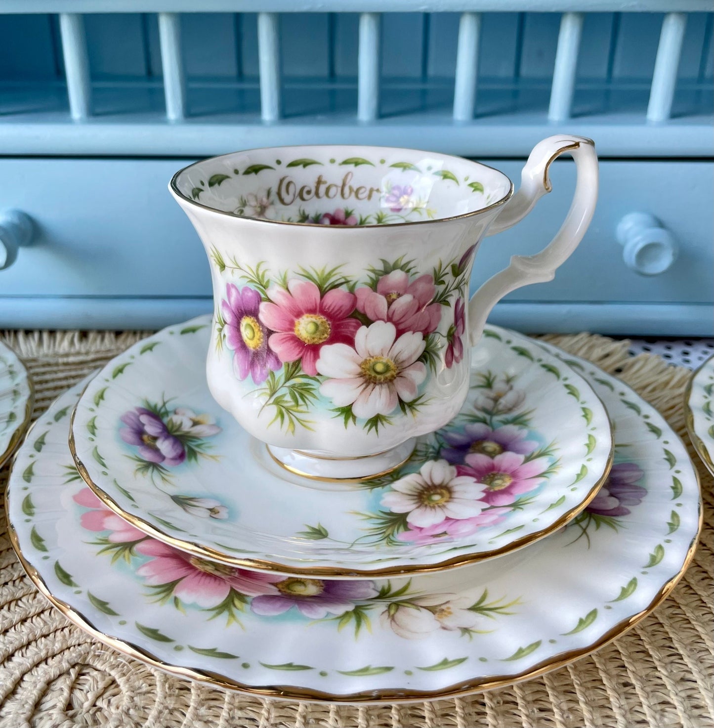 Royal Albert Flower Of The Month Trio's Cup Saucer Plate, Fine Bone China,  Sold Individually, Unique Find, With 6 Tea Spoons, Feb Plus Vase