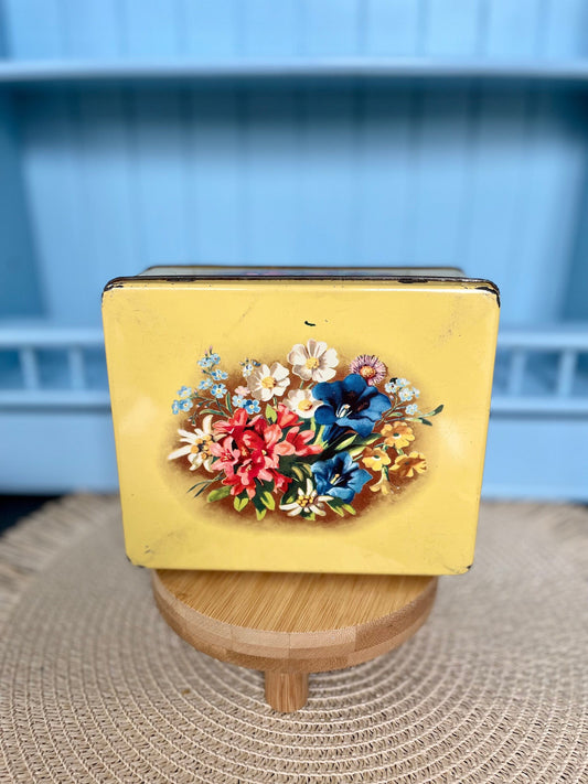 Vintage Tin Cookie Storage Box From Verkade, Embossed in the Bottom, Previously Loved, Yellow Floral Decor, Made in Holland