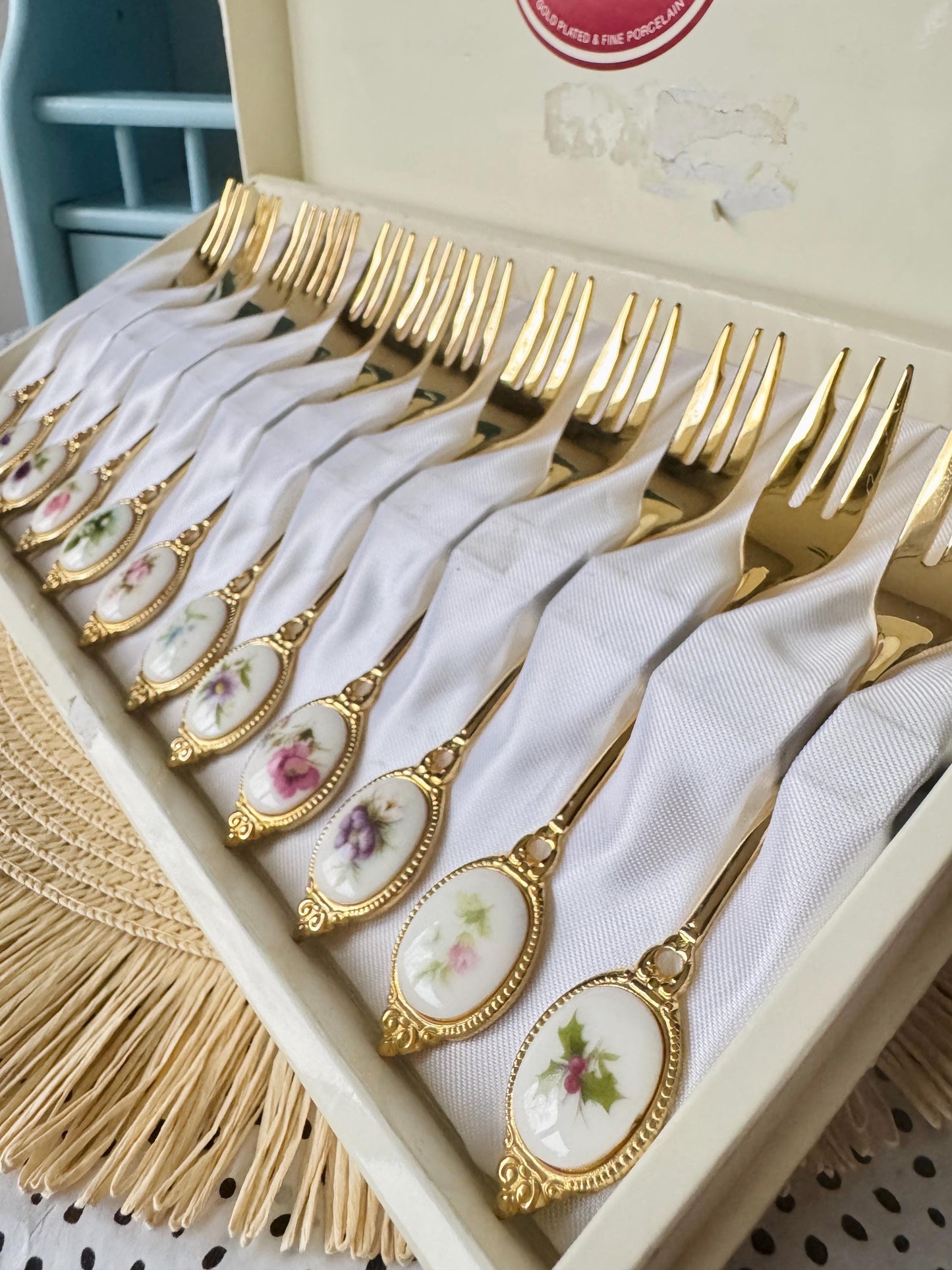 Vintage Hard to Find & Very Collectible Royal Albert "Flower of the Month" 12 Gold Plated Cake Forks, Original Box, Used, Rare Find, Japan