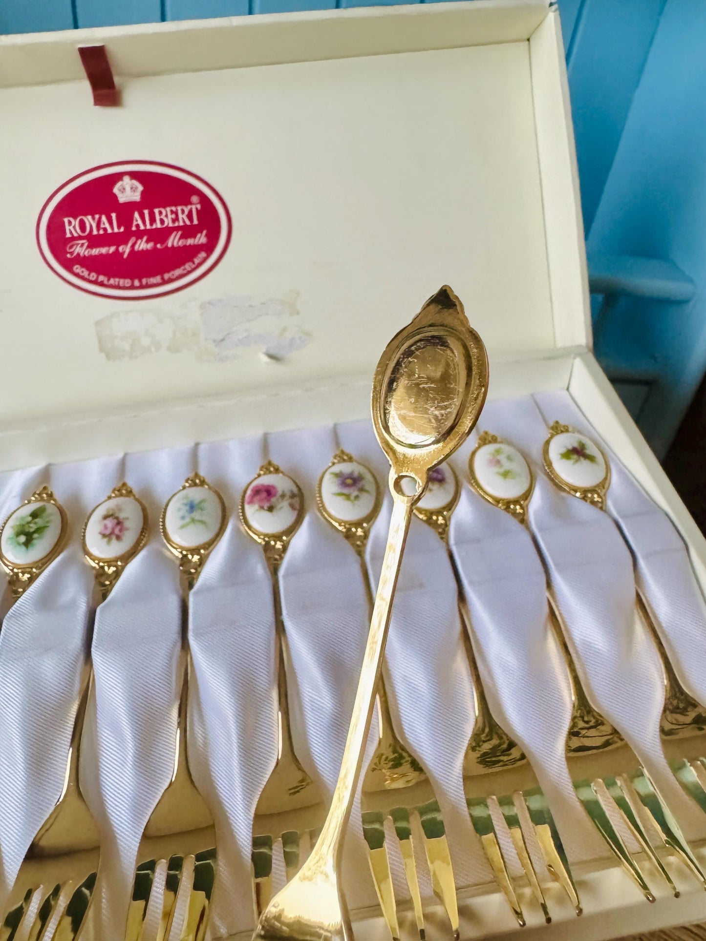 Vintage Hard to Find & Very Collectible Royal Albert "Flower of the Month" 12 Gold Plated Cake Forks, Original Box, Used, Rare Find, Japan