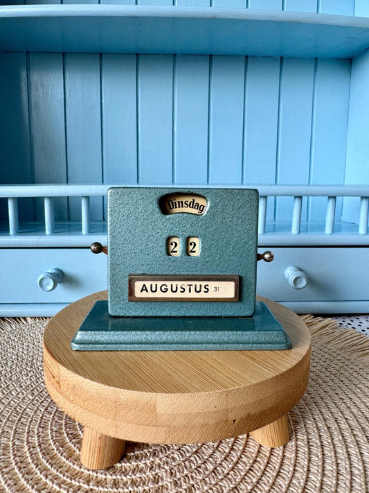 Beautiful Vintage Art Deco Perpetual Calendar by Jakob Maul, 1930s Design, Complete Set, Dutch Language, Petrol Blue/Green, Made in Germany