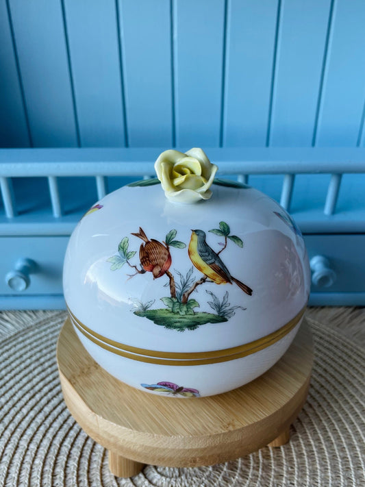 Pretty Vintage Herend Rothschild Birds Trinket Dish, HandPainted, Hungarian Porcelain, Yellow Rose Finial, Previously Loved, Made in Hungary