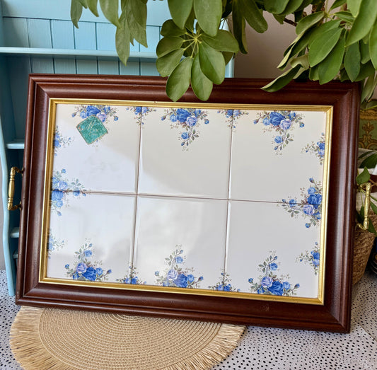 RARE Vintage Moonlight Rose Serving Tray for Tea Lovers, Wood with Handles, 6 Tiles, Sturdy Wooden Frame, Great for Serving & Display, Gift