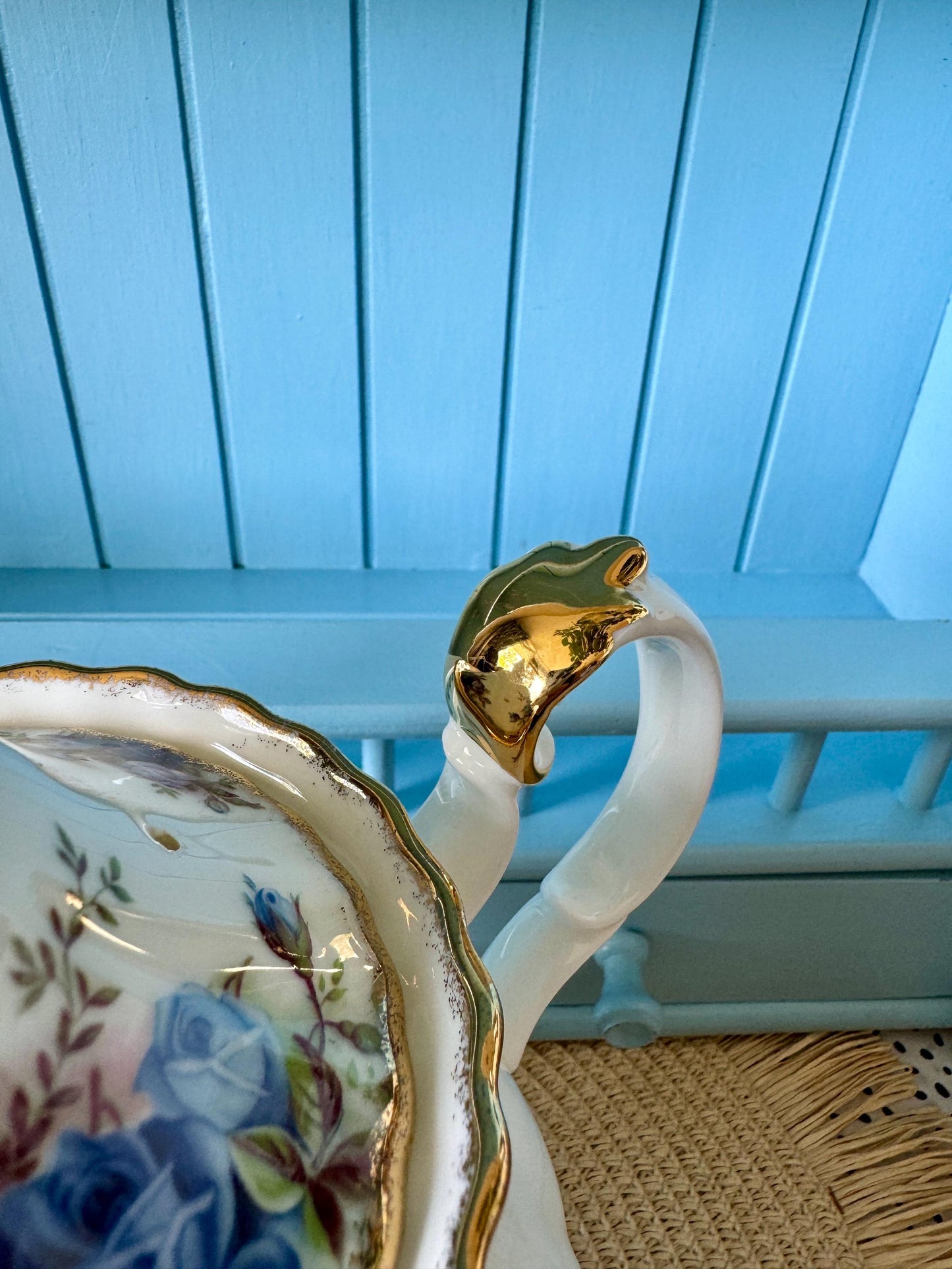 Very Rare Hard To Find "Medium" Royal Albert "Moonlight Rose" Tea Pot, Spout Inside Lid Is Missing, Bone China, Blue Roses Decor, England