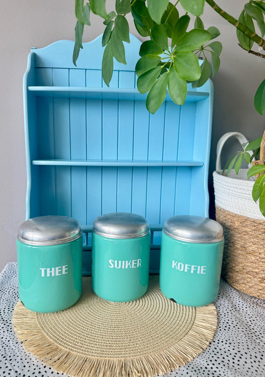 Rare Vintage Hard to Find and Very Collectible Dutch Enamel Canisters Set – Koffie Suiker Thee – 1960s Retro Storage Jars, Turquoise Blue