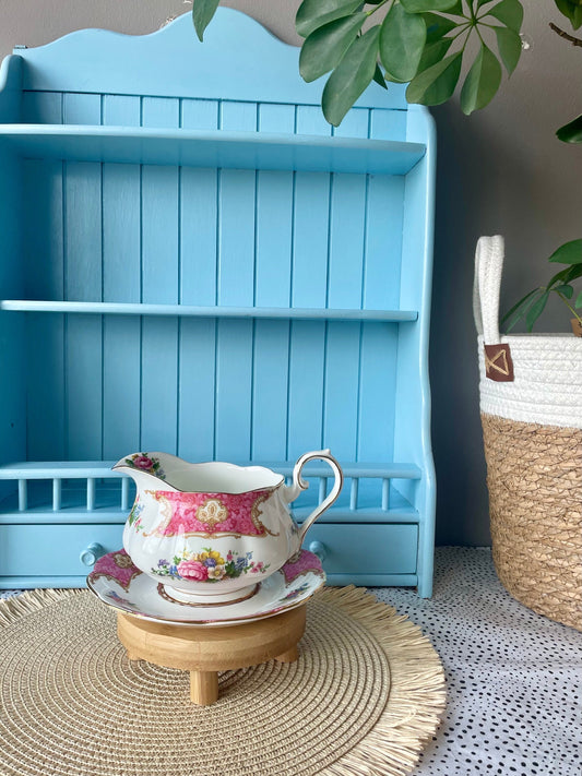 Rare Find, Royal Albert Lady Carlyle English Large Gravy Boat with Underplate, Bone China, Previously Loved, Pink Borders and Floral Decor