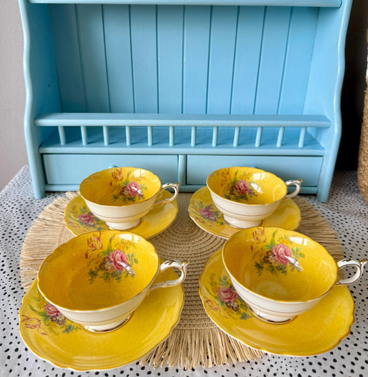 Rare Set of 4 Vintage Paragon Double Warrant Teacups – Egg Yolk Yellow Interior, 1920s–30s Antique China Truly Unique Find, Made in England