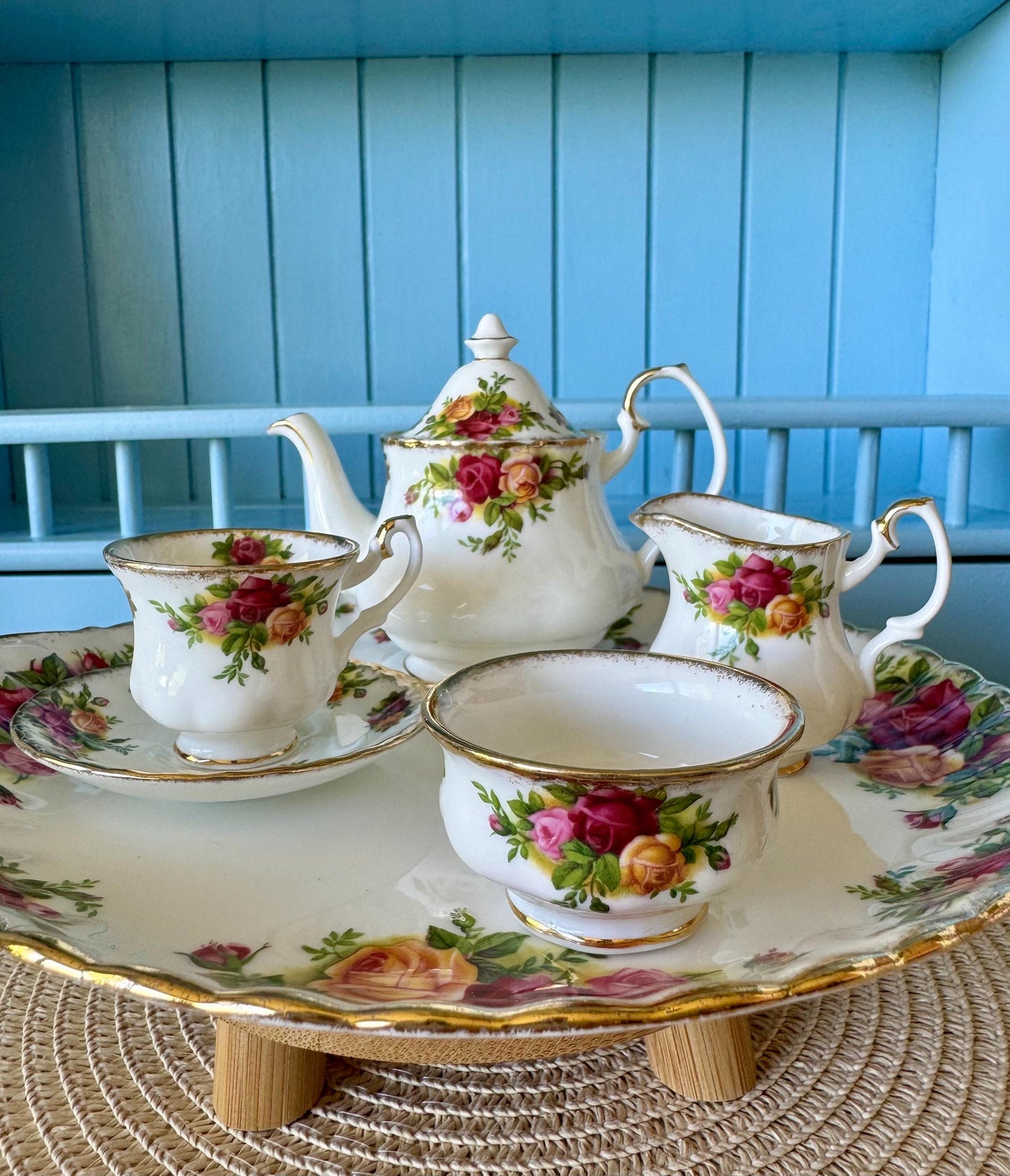 Vintage Royal Albert "Old Country Roses" Miniature Tea Set, Doll House Tea Set, Bone China, Teapot, Creamer, Teacup, Plate, Made in England