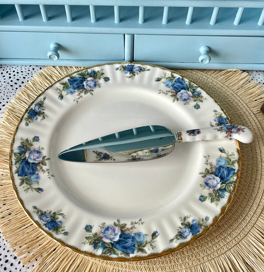 Vintage Royal Albert "Moonlight Rose" Cake or Pie Knife, Bone China,  Porcelain Handle, Blue Roses Decor, Tiny Hairline in Handle! England