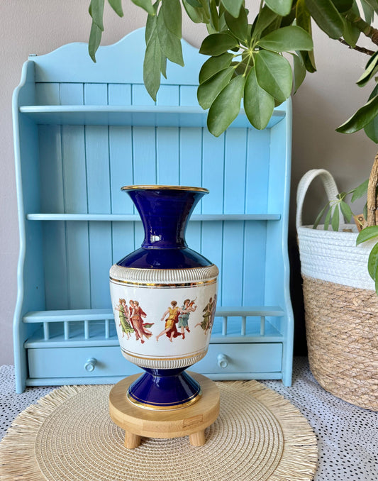 Large Vintage Cobalt Blue Italian Vase, 25 cm Tall, Classical Roman Figures, White Band & Gold Trim, Statement Home Decor, Marked Italy