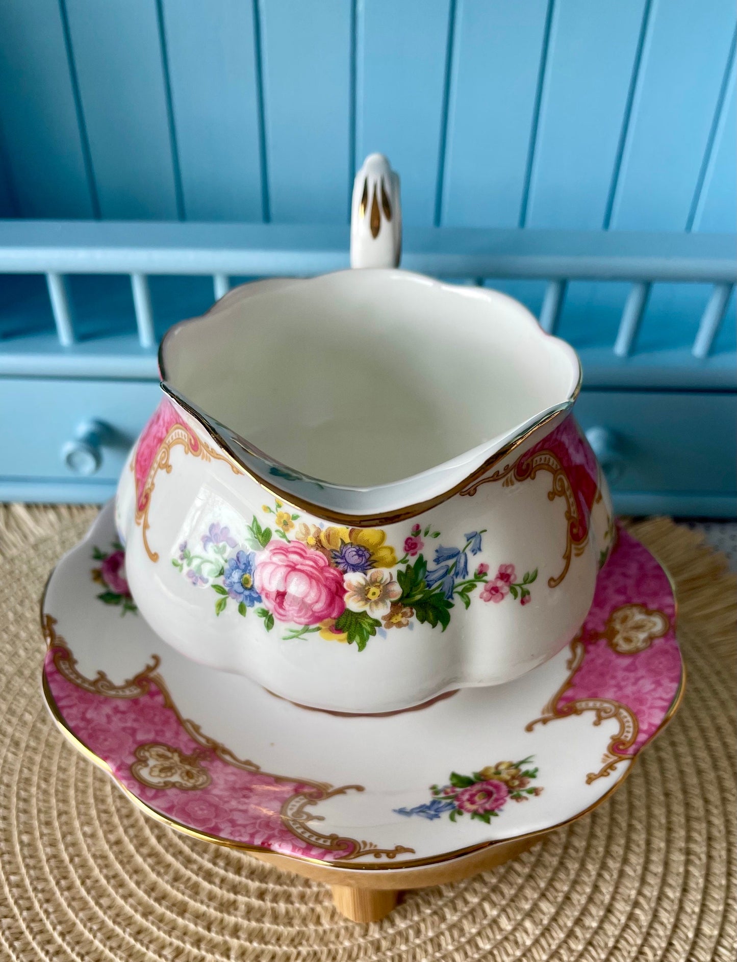 Rare Find, Royal Albert Lady Carlyle English Large Gravy Boat with Underplate, Bone China, Previously Loved, Pink Borders and Floral Decor