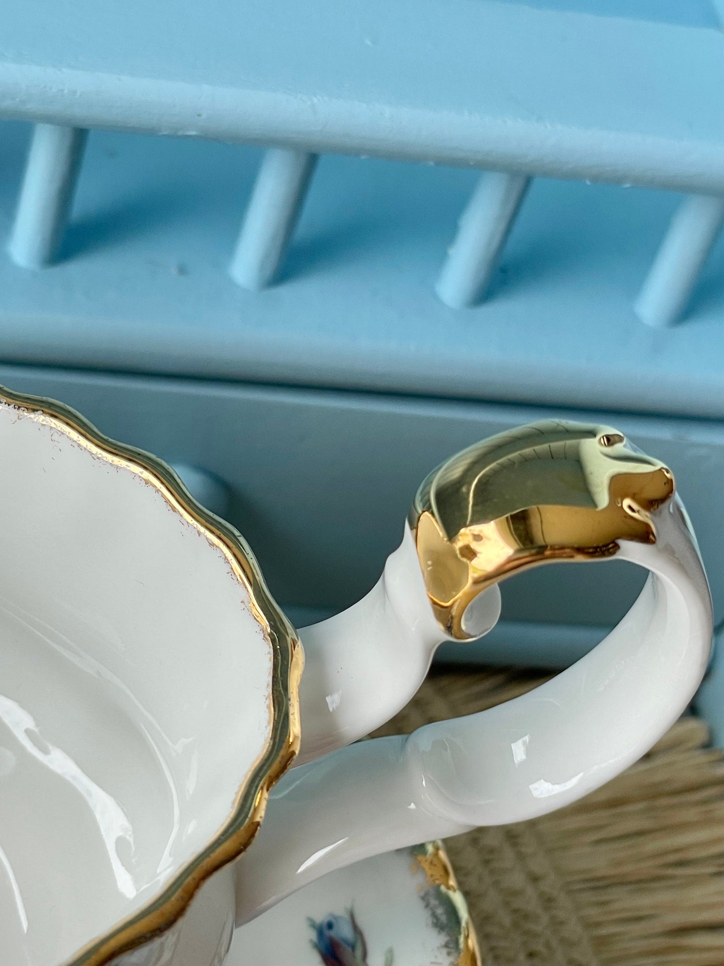 Very Rare Hard To Find Royal Albert "Moonlight Rose" Gravy Jar on Platter, Beautiful Thick Gold, Fine Bone China, Blue Roses Decor, England