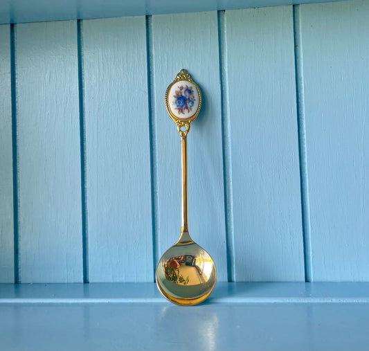 Vintage Hard to Find and Very Collectible Royal Albert "Moonlight Rose" Gold Plated Sugar Spoon with Blue Roses Decor, Gold Sugar Spoon