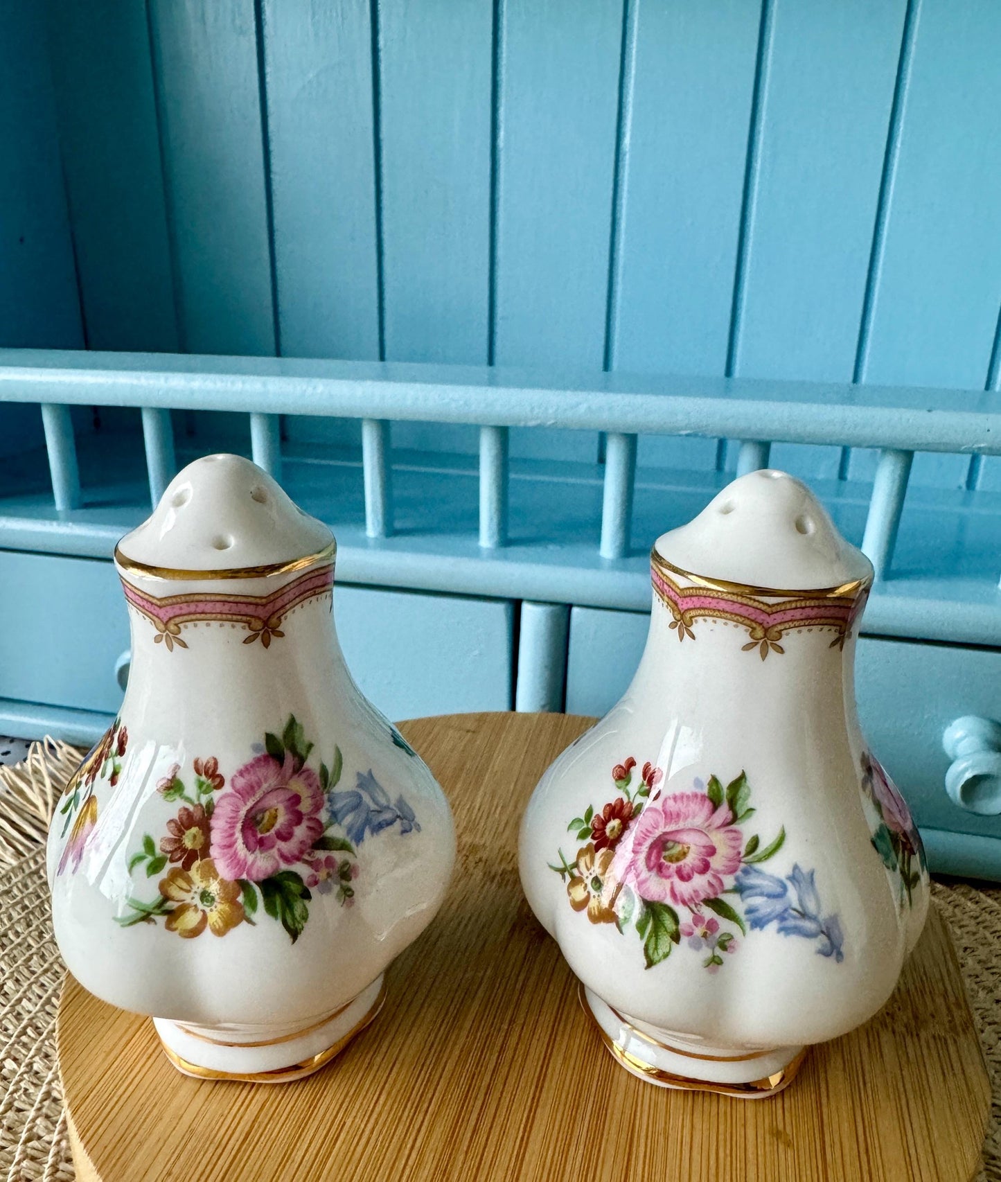 Vintage Royal Albert "Lady Carlyle" Salt & Pepper Shakers, Bone China, Previously Loved, Collectors Item, Thick Gold, Original Caps, England