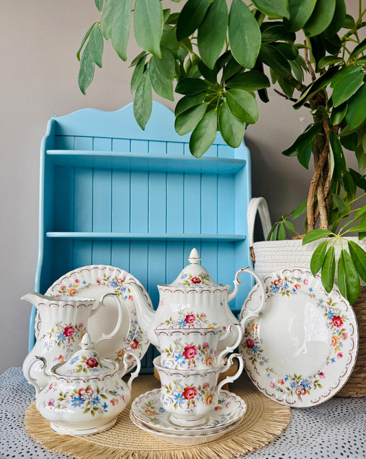 Vintage Royal Albert Jubilee Rose 2 Person Tea Set, Bone China, Large Teapot, Large Creamer, Lidded Sugar, Cake Plate, Floral Decor, England