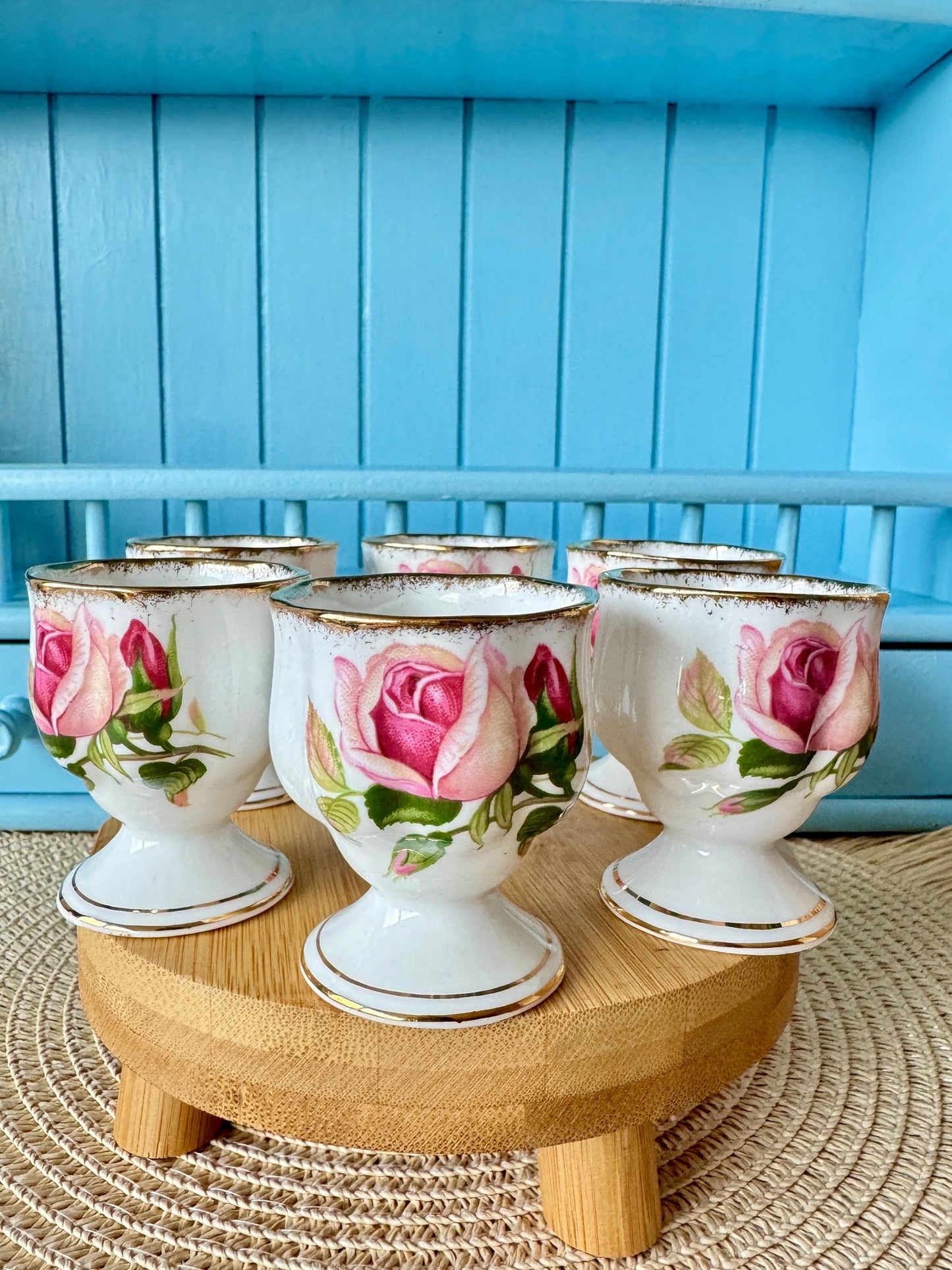 Very Hard to Find Vintage Royal Albert "Anniversary Rose" Egg Cups, Set of 6, Bone China, Previously Loved, Pink Roses Thick Gold, England