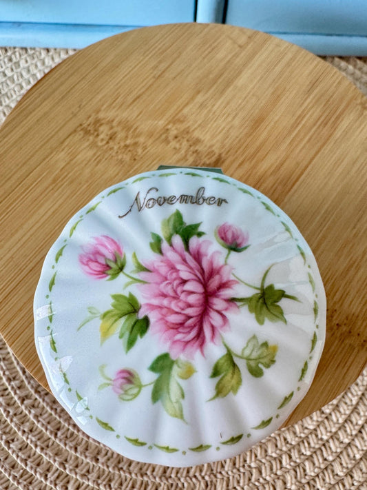 VERY Rare Find Vintage Royal Albert 'Flower of the Month' Lidded Pill Box, Trinket Box, Bone China, Collectors Item, November Decor, England