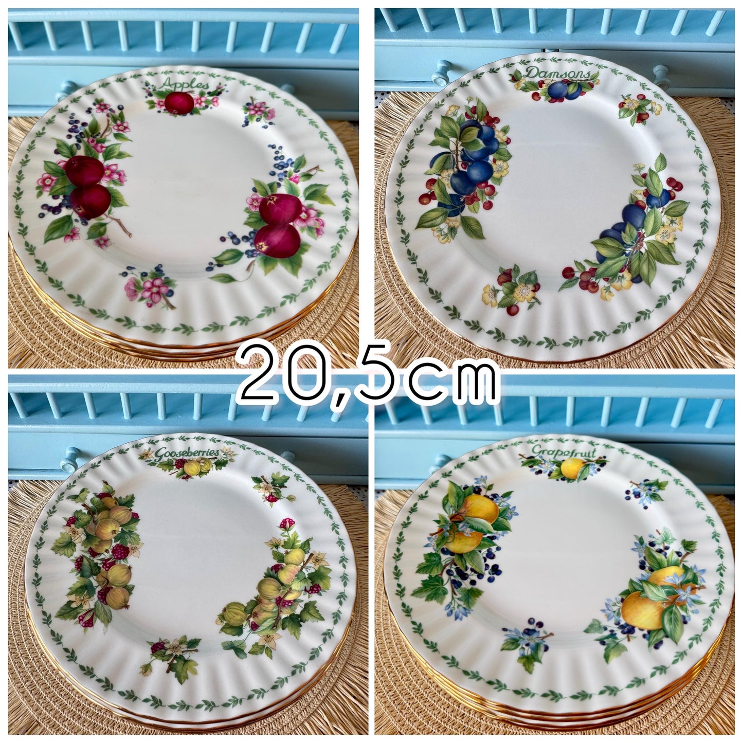 Vintage Royal Albert "Covent Garden" Lunch Plates in Grapefruit, Gooseberries, Damsons, Apples, Breakfast Plate 20,5cm, Bone China, England