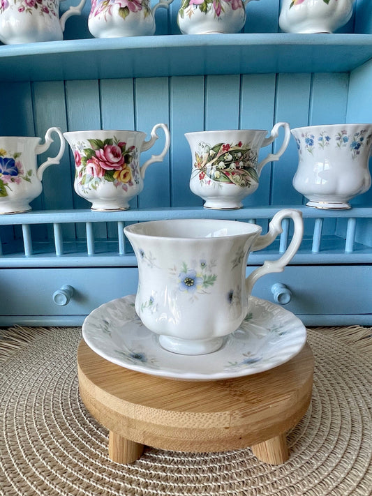 Vintage Royal Albert "Caress" Demitasse Teacup & Saucer, Coffee Cup, Fine Bone China, Previously loved, Blue Floral Decor, Made in England