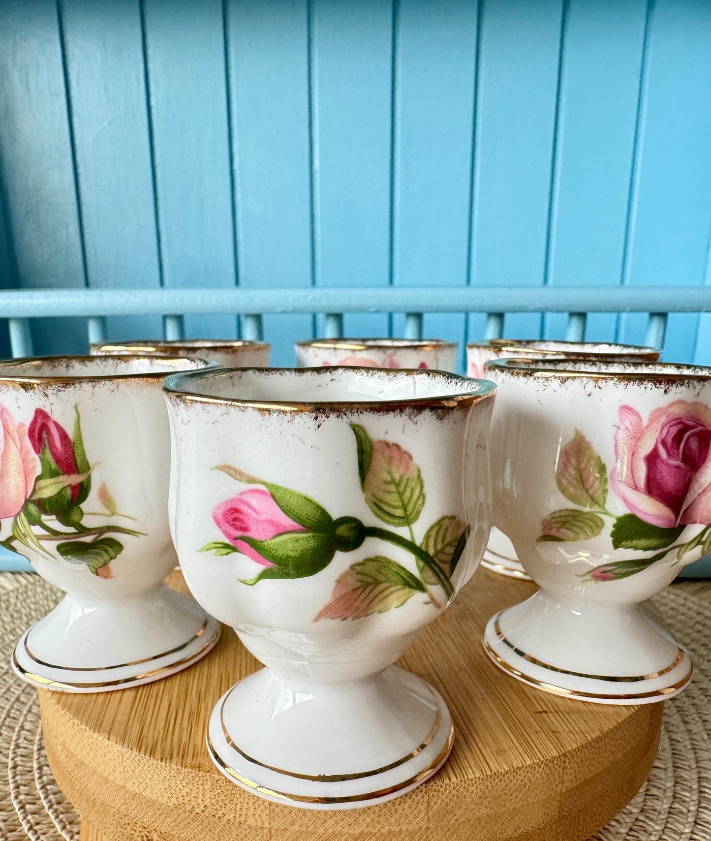 Very Hard to Find Vintage Royal Albert "Anniversary Rose" Egg Cups, Set of 6, Bone China, Previously Loved, Pink Roses Thick Gold, England