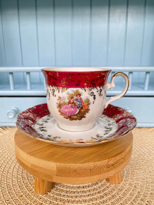 Vintage Heavy Gold HK Bavaria Handarbeit 24 karat Gold Male Sized TeaCup & Saucer, Fragonard Love Scene Red and Gold Decor, Made in Germany
