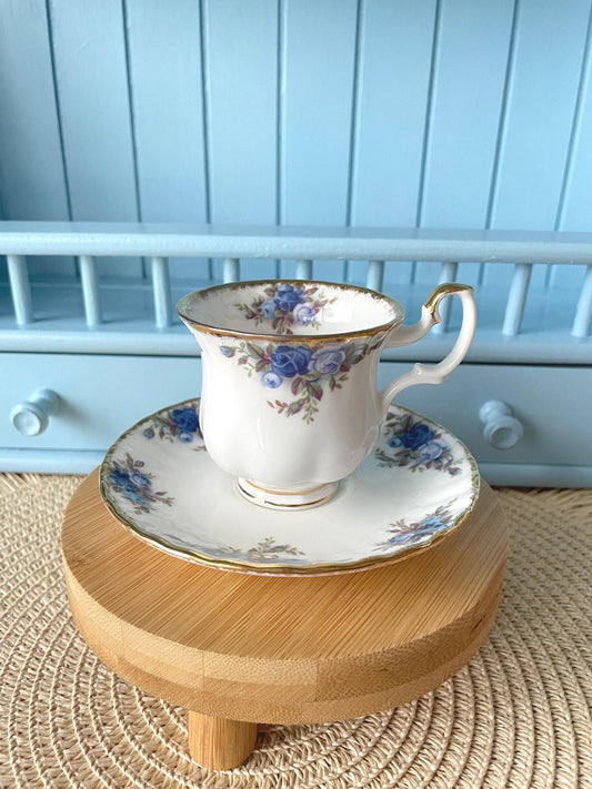Vintage Royal Albert "Moonlight Rose" Espresso Set, Small Size, Mocca Size, Pre-Owned Display Piece, Blue Roses Gold Decor, Made in England