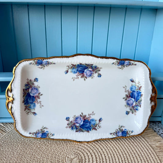 Vintage Royal Albert "Moonlight Rose" Fine Bone China Sandwich Plate or Cake Plate, Previously Loved, Beautiful Blue Roses Decor, England