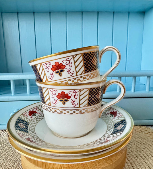 Rare Find, Set of 2 Vintage Crown Derby 'Derby Border' Tea Cups & Saucers, Bone China, Previously Loved, Red, Gold and Blue Decor, England