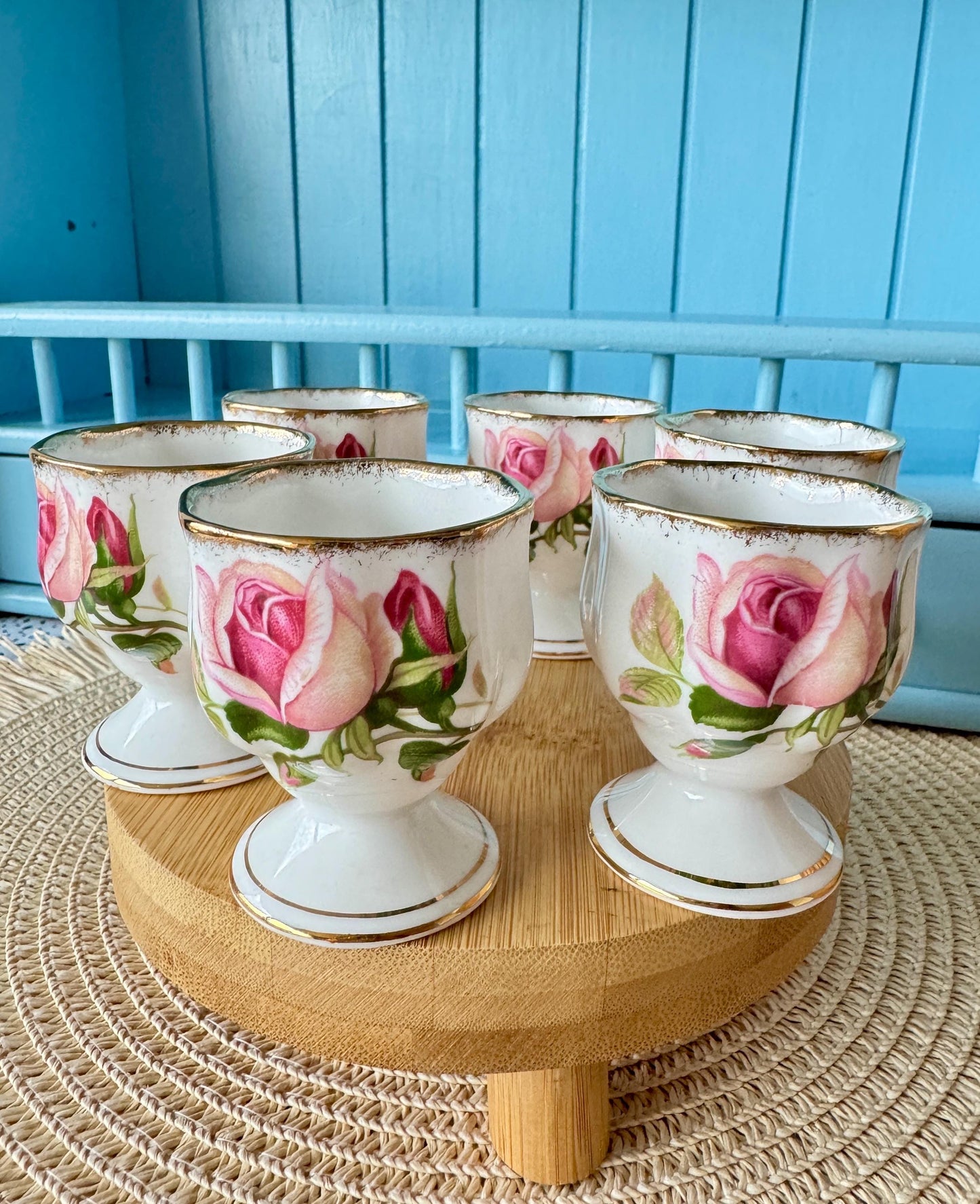 Very Hard to Find Vintage Royal Albert "Anniversary Rose" Egg Cups, Set of 6, Bone China, Previously Loved, Pink Roses Thick Gold, England
