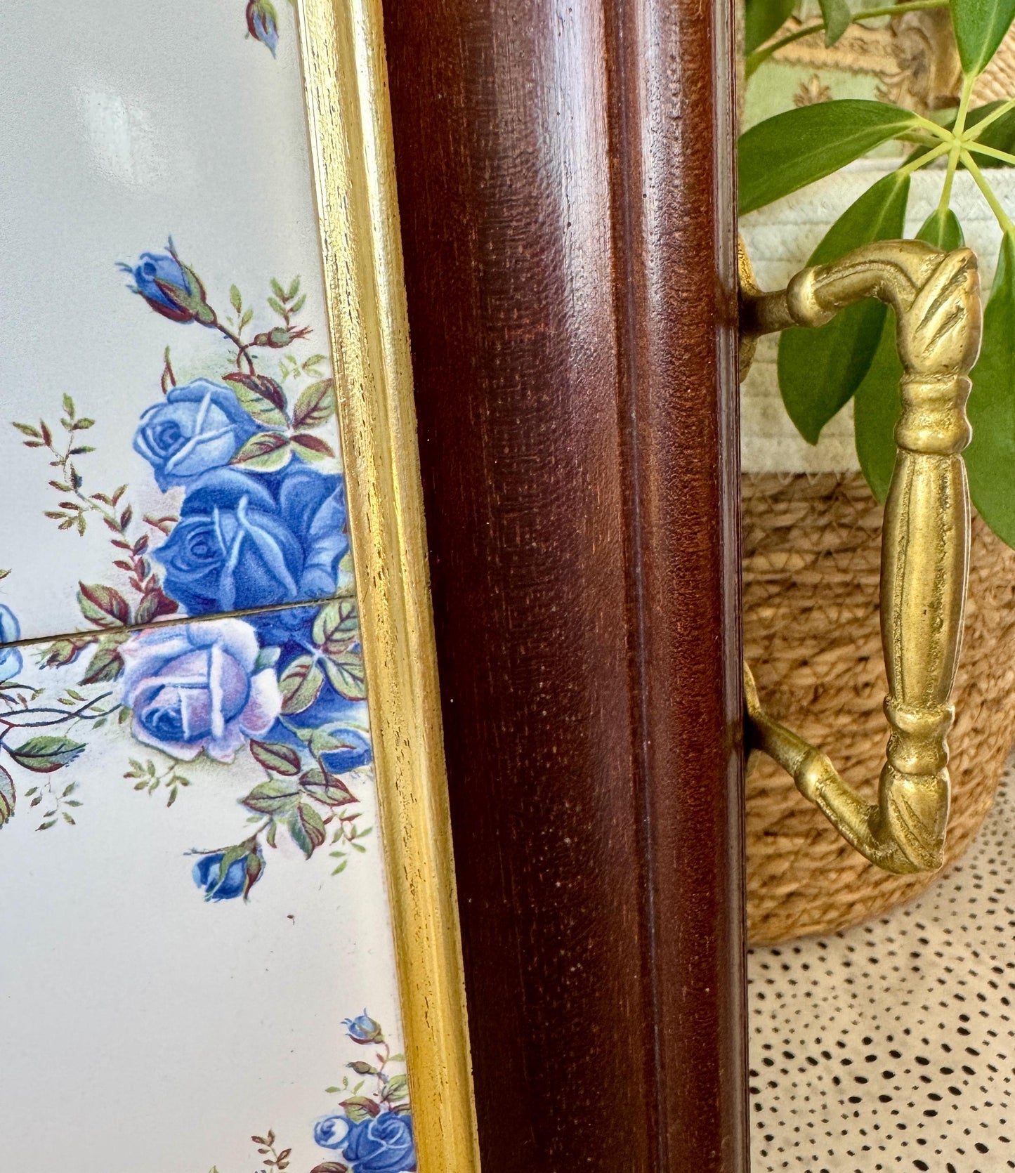 RARE Vintage Moonlight Rose Serving Tray for Tea Lovers, Wood with Handles, 6 Tiles, Sturdy Wooden Frame, Great for Serving & Display, Gift