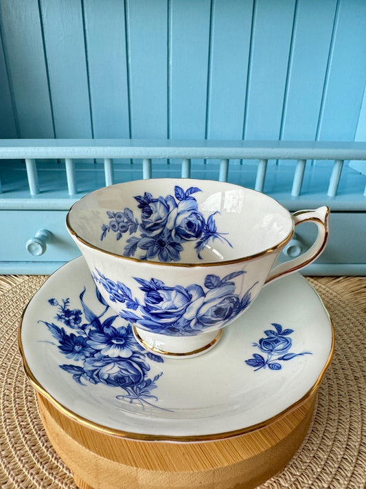 Rare Blue Vintage Aynsley Teacup & Saucer Set, Excellent Condition, Blue Floral Decor, Crafted 1970's, Bone China, Pre-Loved Made in England