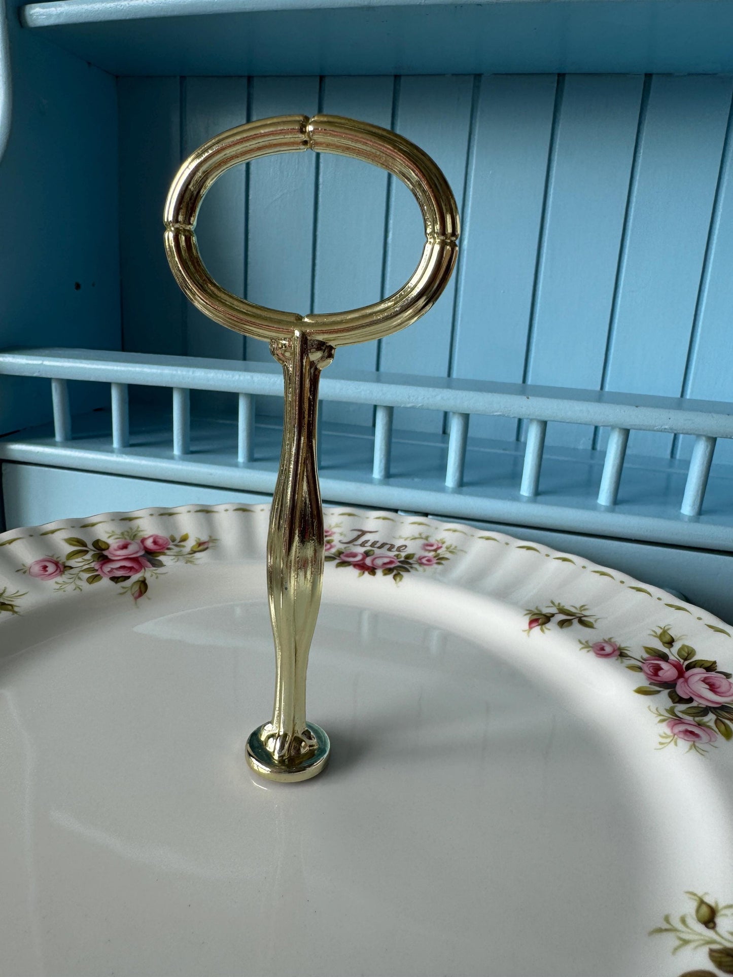 Royal Albert "Flower of the Month" June, Vintage 1-Tier Cake Stand, Bone China, 27 cm, Roses Pattern, For High Tea, Gift, Golden Handle, UK