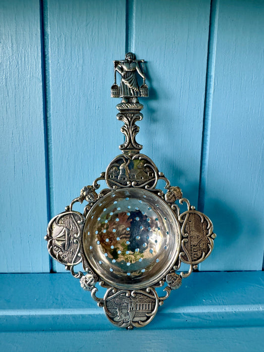 Antique Silver Tea Strainer, Early Edwardian Era, Dutch Themed, Milk Maid Handle, Silver Lion & Minerva Hallmarked Vintage Silverware, Dutch