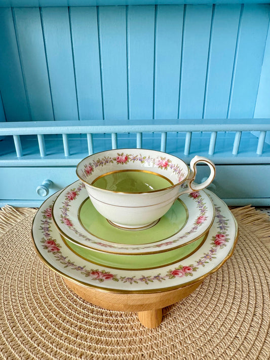 Rare Vintage Aynsley Trio, Teacup, Saucer & Cake Plate Set ,Very Good Condition, Green Roses Design, Early 20th Century, Bone China England