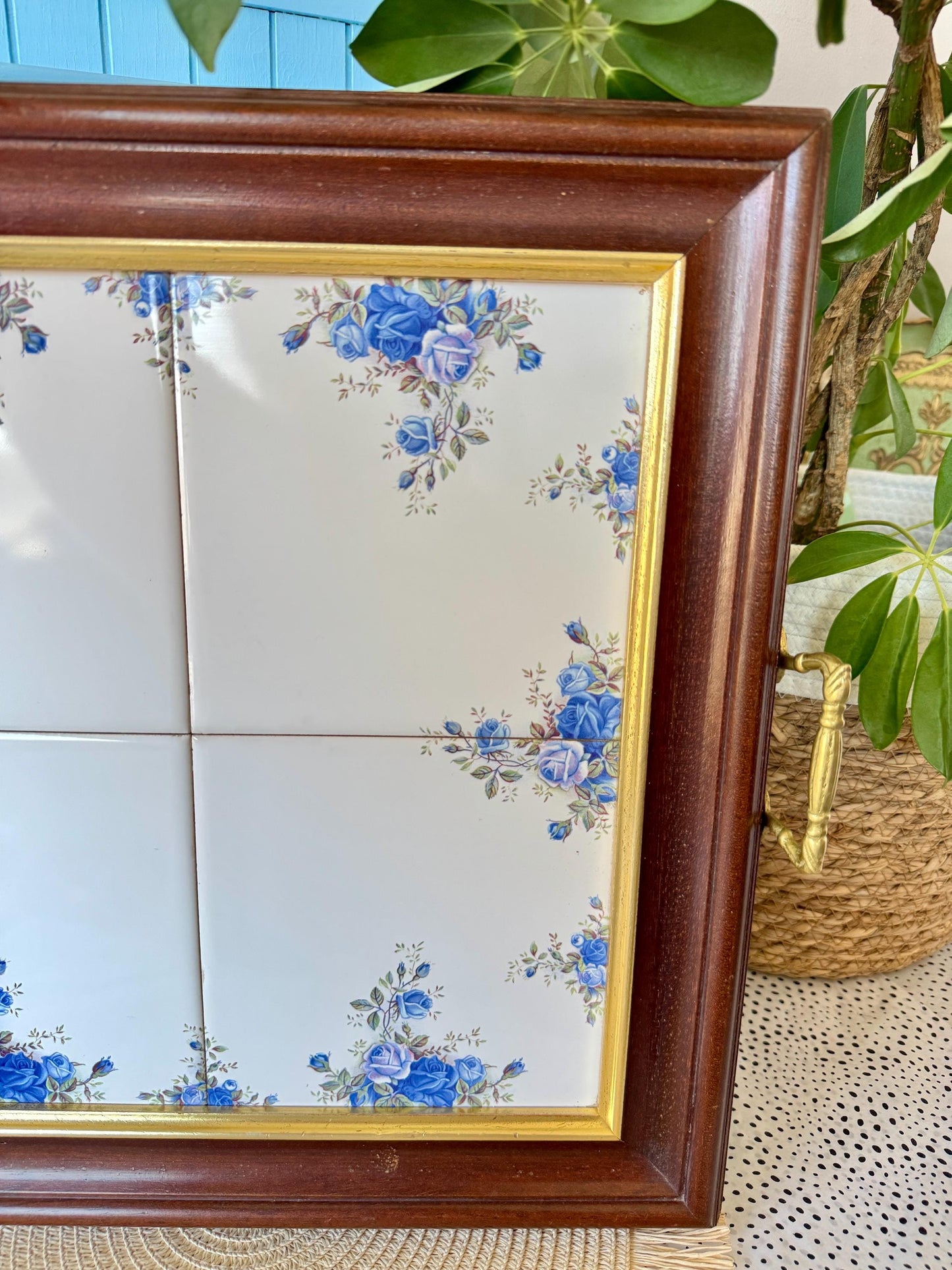 RARE Vintage Moonlight Rose Serving Tray for Tea Lovers, Wood with Handles, 6 Tiles, Sturdy Wooden Frame, Great for Serving & Display, Gift