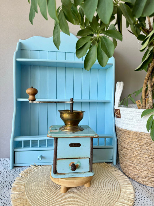 Vintage Mid Century German PE~DE Coffee Grinder | Baby Blue Iron, Brass, Wood | Vintage Kitchen Decor, Coffee Enthusiast Gift, Germany