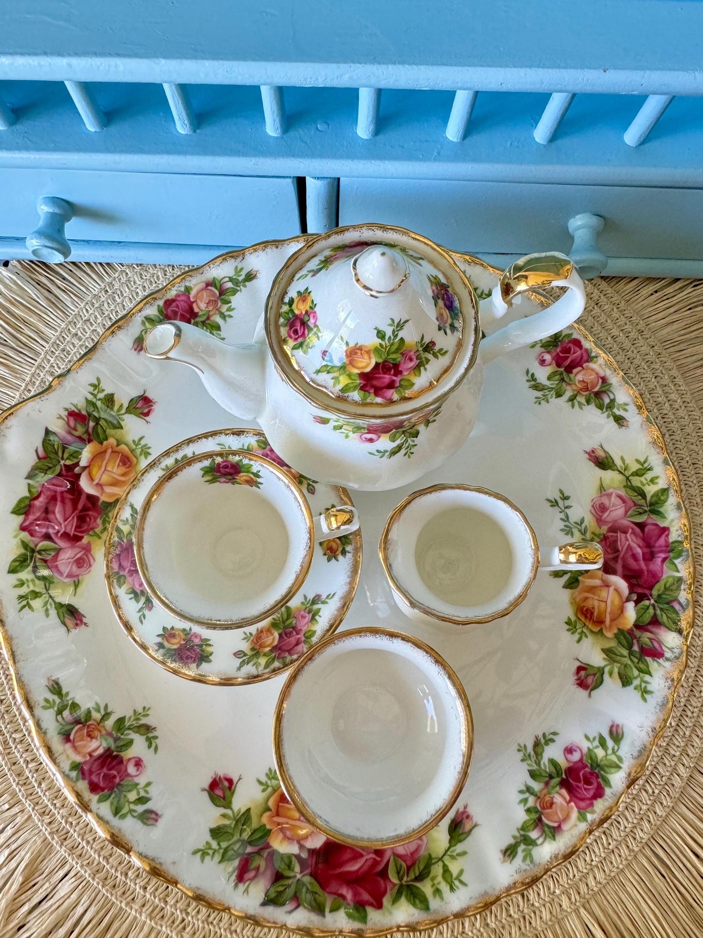 Vintage Royal Albert "Old Country Roses" Miniature Tea Set, Doll House Tea Set, Bone China, Teapot, Creamer, Teacup, Plate, Made in England