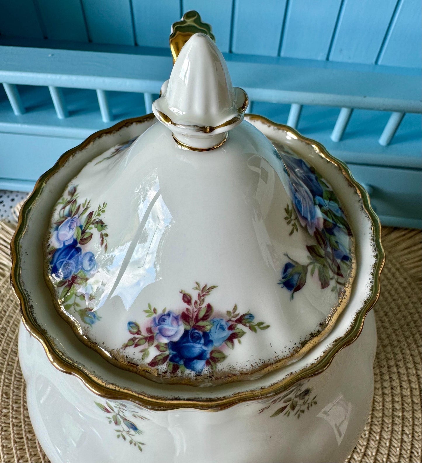 Very Rare Hard To Find "Medium" Royal Albert "Moonlight Rose" Tea Pot, Spout Inside Lid Is Missing, Bone China, Blue Roses Decor, England