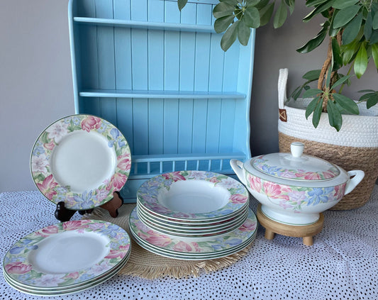 Vintage Royal Albert "Fonteyn" Fine Bone China Different Sized Dishes, Dinner, Soup and Breakfast Plates, Red & Purple Floral Decor, England