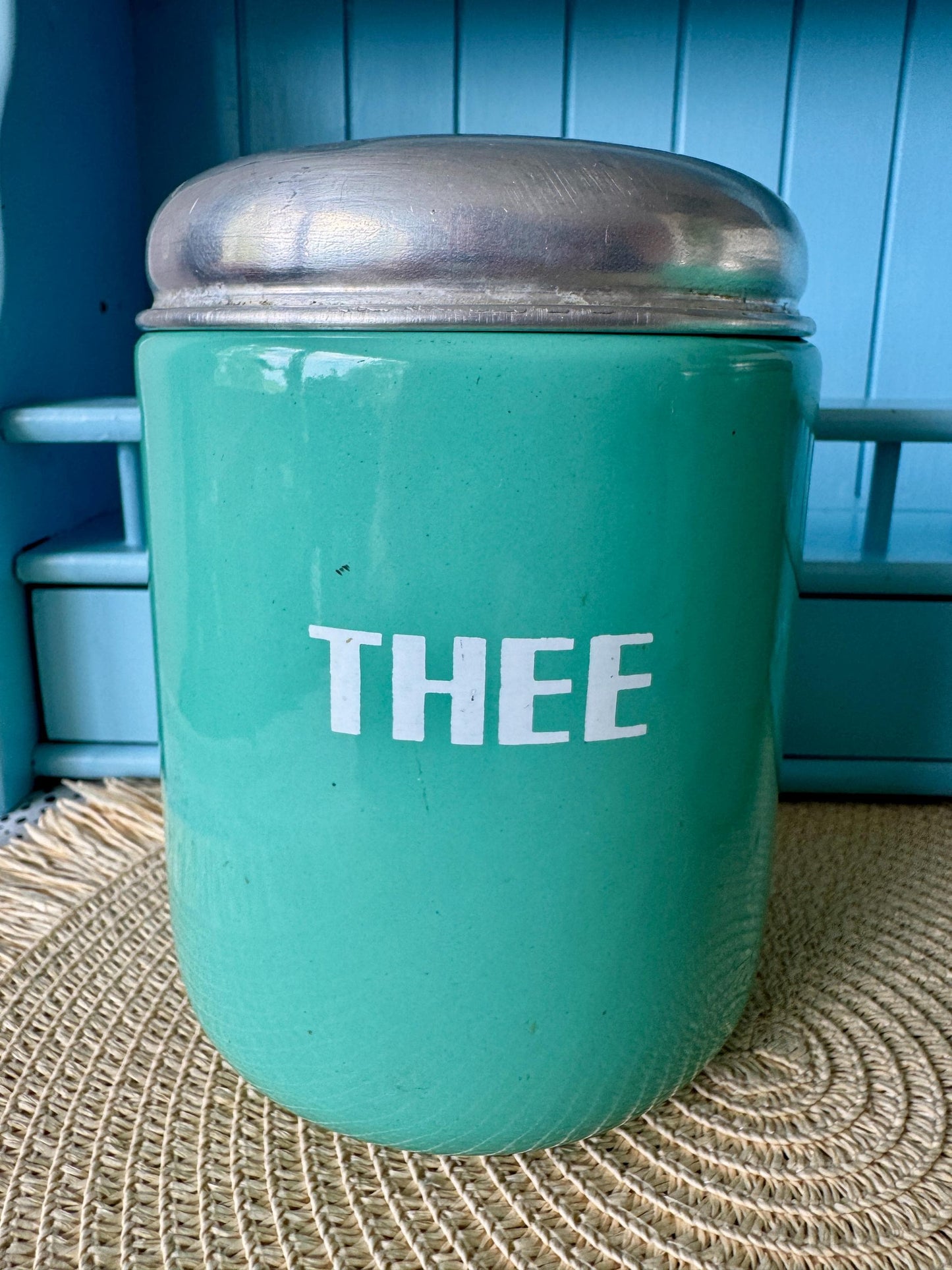 Rare Vintage Hard to Find and Very Collectible Dutch Enamel Canisters Set – Koffie Suiker Thee – 1960s Retro Storage Jars, Turquoise Blue