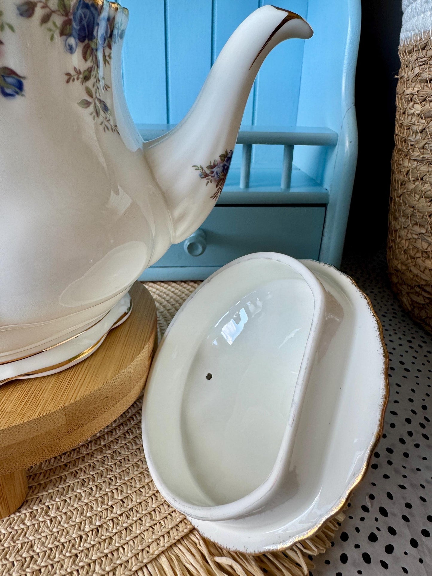 Very Rare Hard To Find "Large" Royal Albert "Moonlight Rose" TeaPot, Beautiful 1.25L TeaPot, Bone China, Blue Roses Decor, Made in England